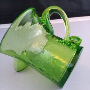 Vintage MCM small green crackle glass pitcher,vase GLOWS